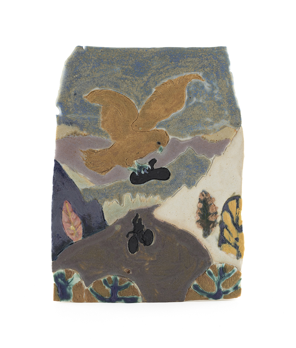 Kevin McNamee-Tweed. <em>Eagle Steals Artist's Beret</em>, 2020. Glazed ceramic, 6 3/4 x 4 3/4 inches (17.1 x 12.1 cm)
