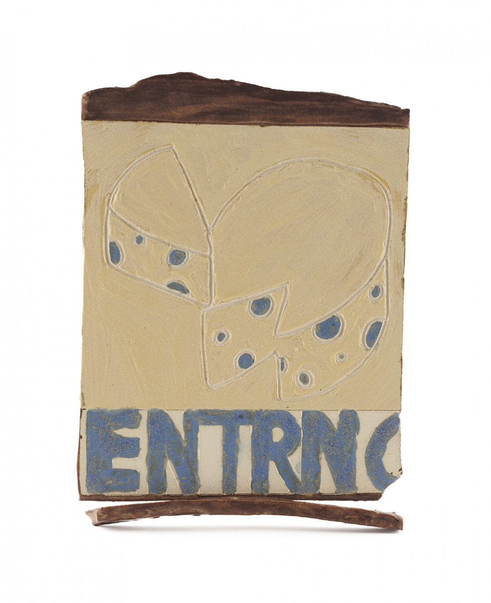 Kevin McNamee-Tweed. <em>Entrance Sign (Cheese)</em>, 2020. Glazed ceramic, 9 x 6 1/2 inches (22.9 x 16.5 cm)