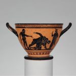 Attributed to the Theseus Painter. <em>Terracotta skyphos (deep drinking cup)</em>, 500 B.C. Terracotta, 6 3/8 x 8 7/8 inches (16.2 x 22.5 cm)