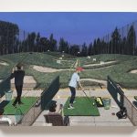Paige Jiyoung Moon. <em>Sunset Golfing</em>, 2020. Acrylic on panel, 12 x 16 inches (30.5 x 40.6 cm)
