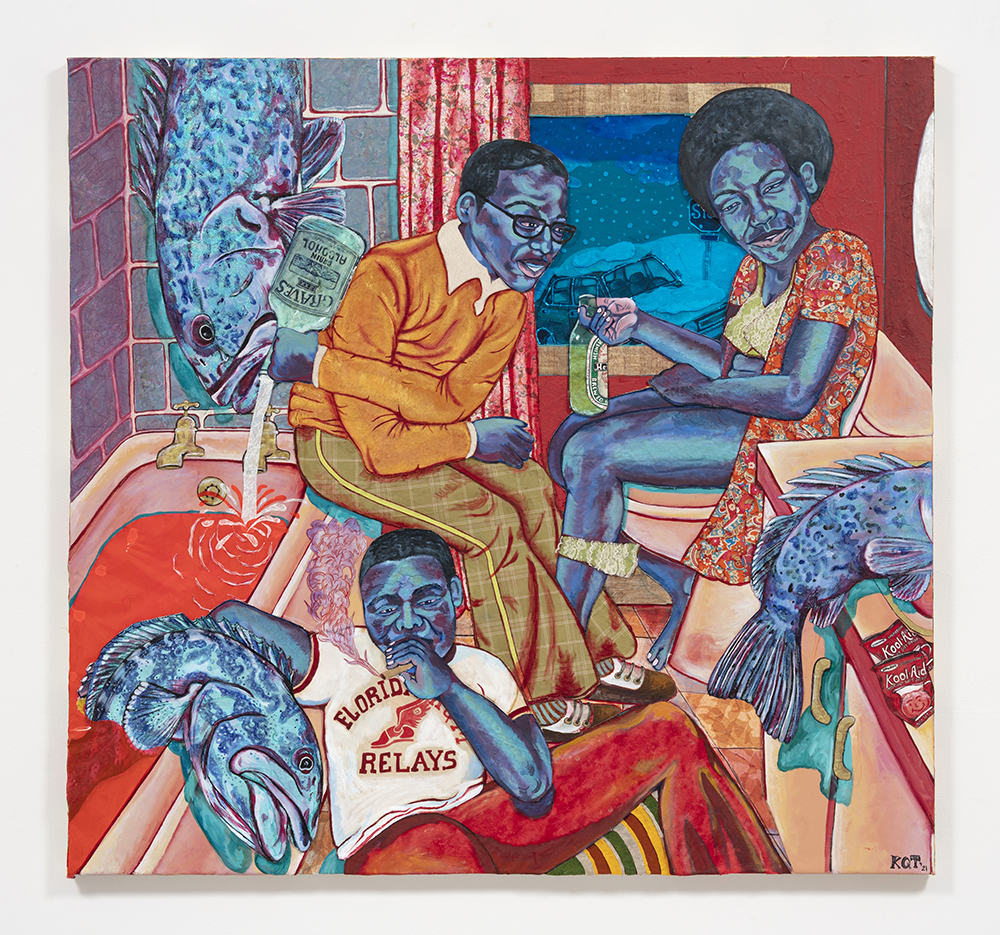 Kiyomi Quinn Taylor. <em>Fortune Telling Groupers at Chill Phi Chill</em>, 2021. Oil, acrylic, colored pencil, paper, felt, fabric, canvas cut-outs, vinyl and thread on canvas, 62 7/8 x 66 1/2 inches (159.7 x 168.9 cm)