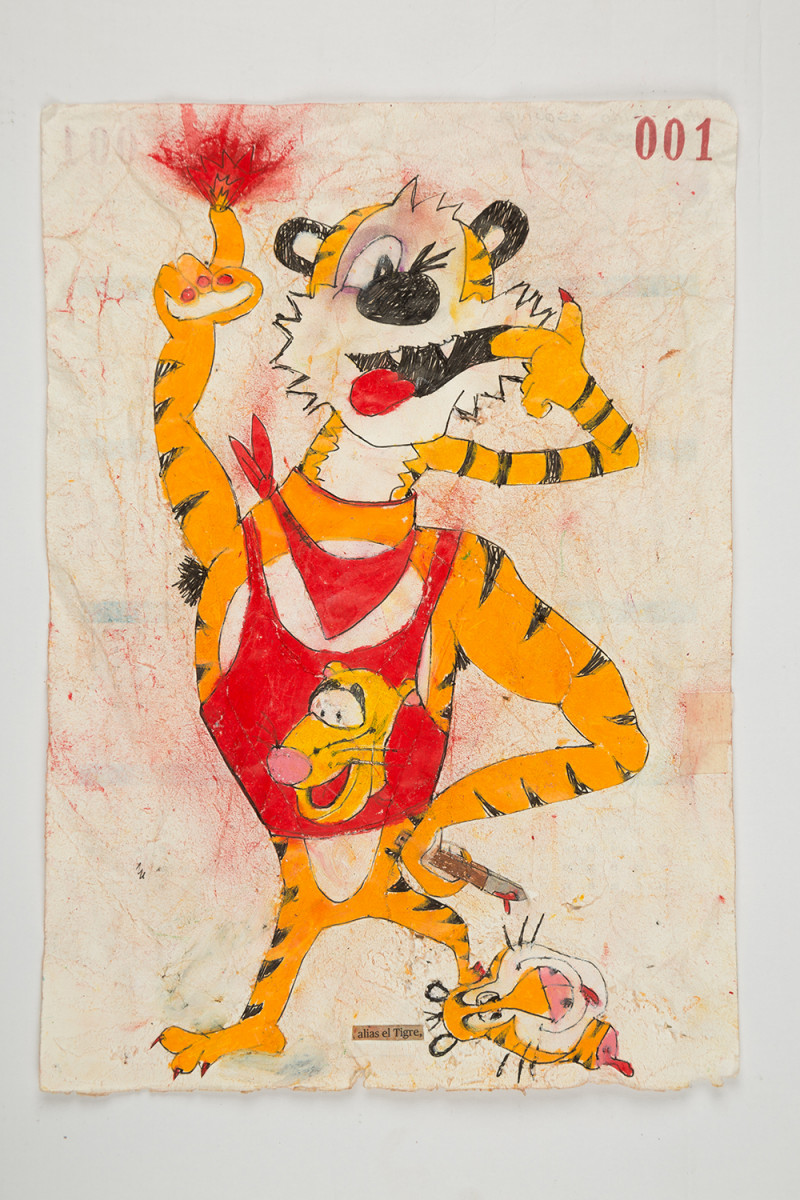 Camilo Restrepo. <em>Tigre</em>, 2021. Water-soluble wax pastel, ink, tape and saliva on paper 11 3/4 x 8 1/4 inches (29.8 x 21 cm)