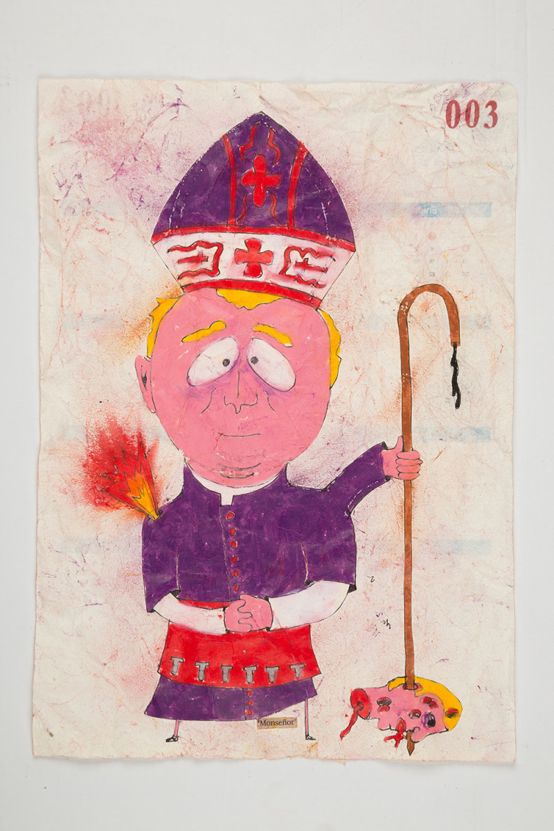 Camilo Restrepo. <em>Monseñor</em>, 2021. Water-soluble wax pastel, ink, tape and saliva on paper 11 3/4 x 8 1/4 inches (29.8 x 21 cm)