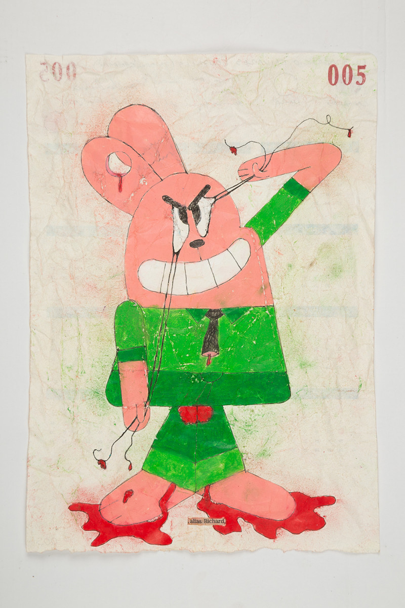 Camilo Restrepo. <em>Richard</em>, 2021. Water-soluble wax pastel, ink, tape and saliva on paper 11 3/4 x 8 1/4 inches (29.8 x 21 cm)