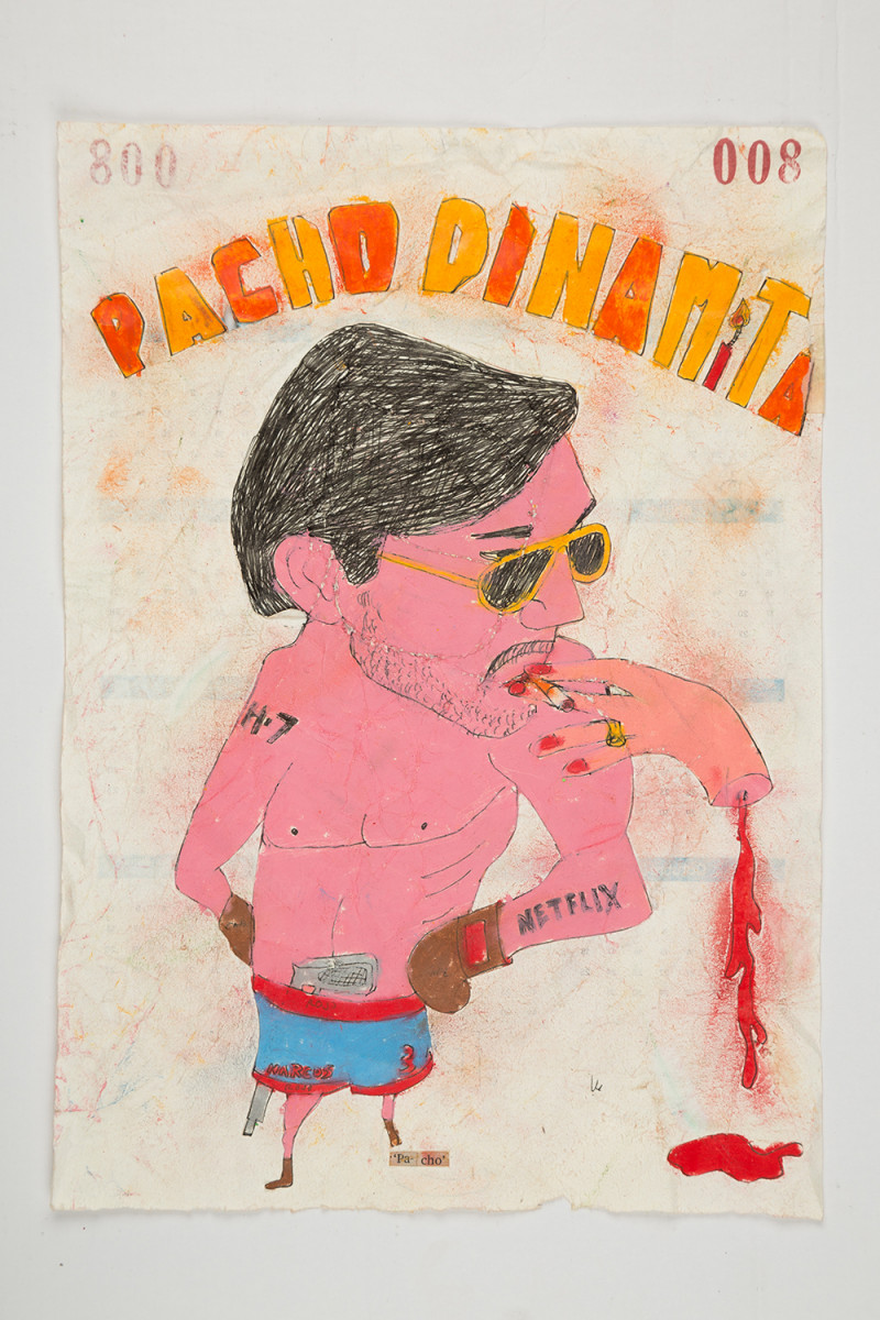 Camilo Restrepo. <em>Pacho</em>, 2021. Water-soluble wax pastel, ink, tape and saliva on paper 11 3/4 x 8 1/4 inches (29.8 x 21 cm)