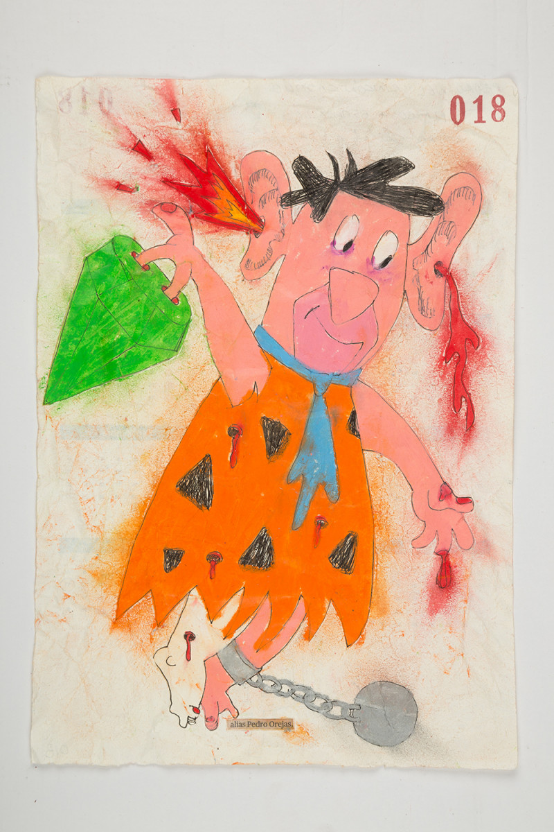 Camilo Restrepo. <em>Pedro Orejas</em>, 2021. Water-soluble wax pastel, ink, tape and saliva on paper 11 3/4 x 8 1/4 inches (29.8 x 21 cm)