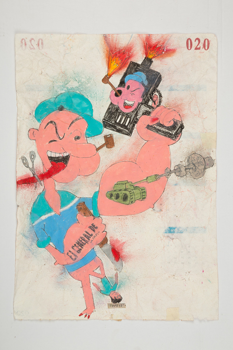 Camilo Restrepo. <em>Popeye</em>, 2021. Water-soluble wax pastel, ink, tape and saliva on paper 11 3/4 x 8 1/4 inches (29.8 x 21 cm)