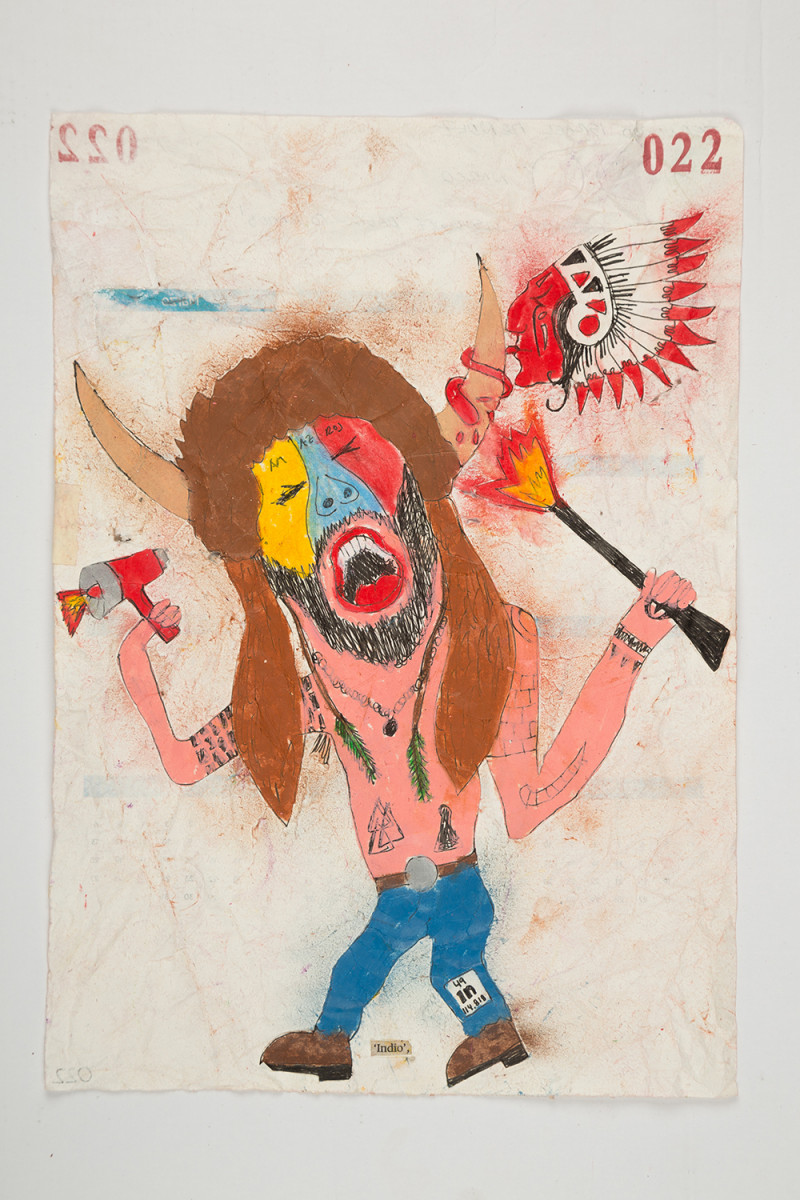 Camilo Restrepo. <em>Indio</em>, 2021. Water-soluble wax pastel, ink, tape and saliva on paper 11 3/4 x 8 1/4 inches (29.8 x 21 cm)
