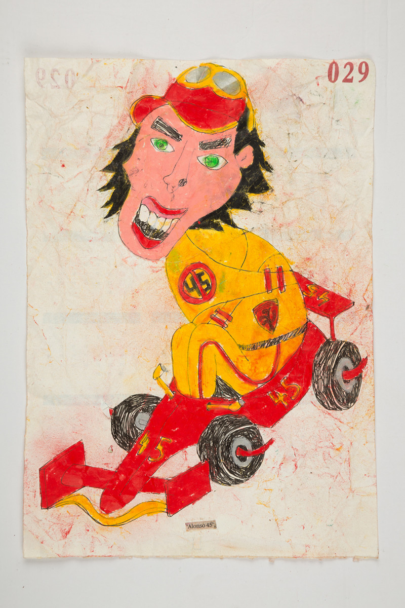 Camilo Restrepo. <em>Alonso</em>, 2021. Water-soluble wax pastel, ink, tape and saliva on paper 11 3/4 x 8 1/4 inches (29.8 x 21 cm)
