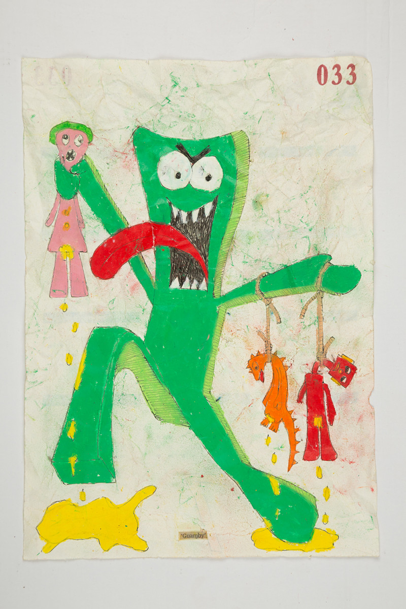 Camilo Restrepo. <em>Guamby</em>, 2021. Water-soluble wax pastel, ink, tape and saliva on paper 11 3/4 x 8 1/4 inches (29.8 x 21 cm)
