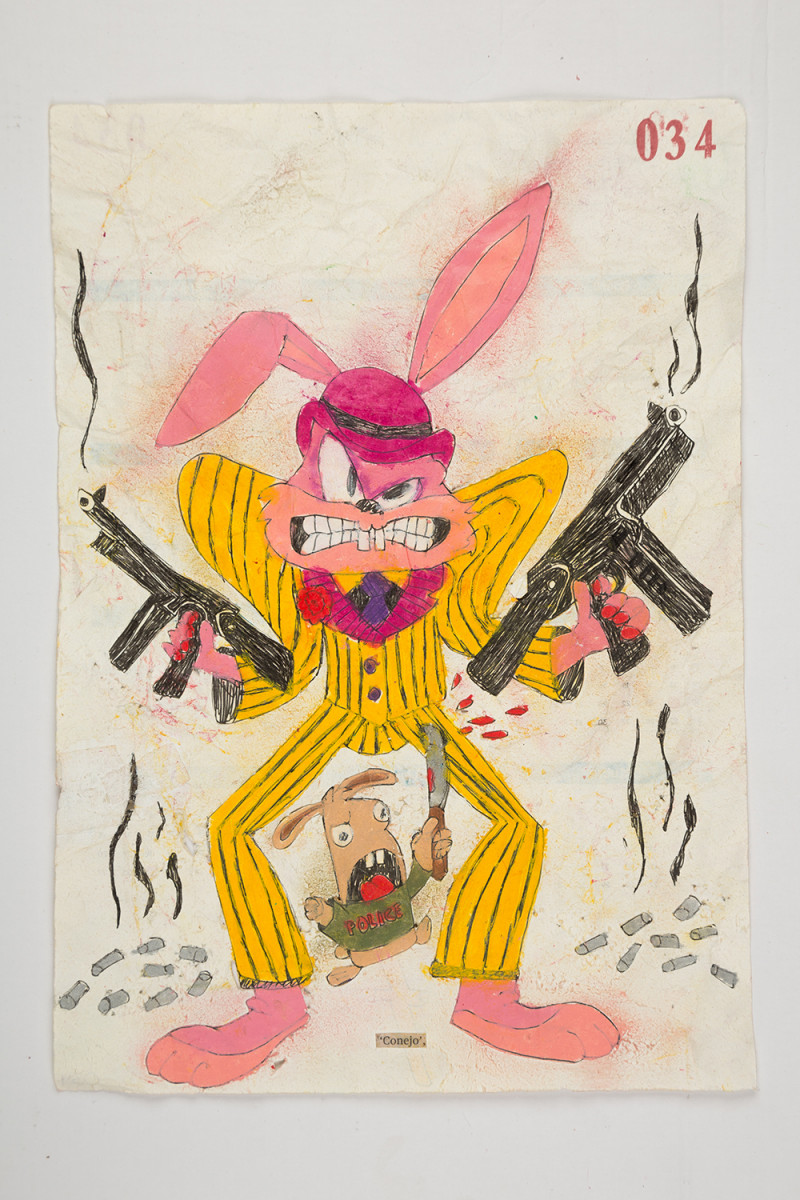 Camilo Restrepo. <em>Conejo</em>, 2021. Water-soluble wax pastel, ink, tape and saliva on paper 11 3/4 x 8 1/4 inches (29.8 x 21 cm)