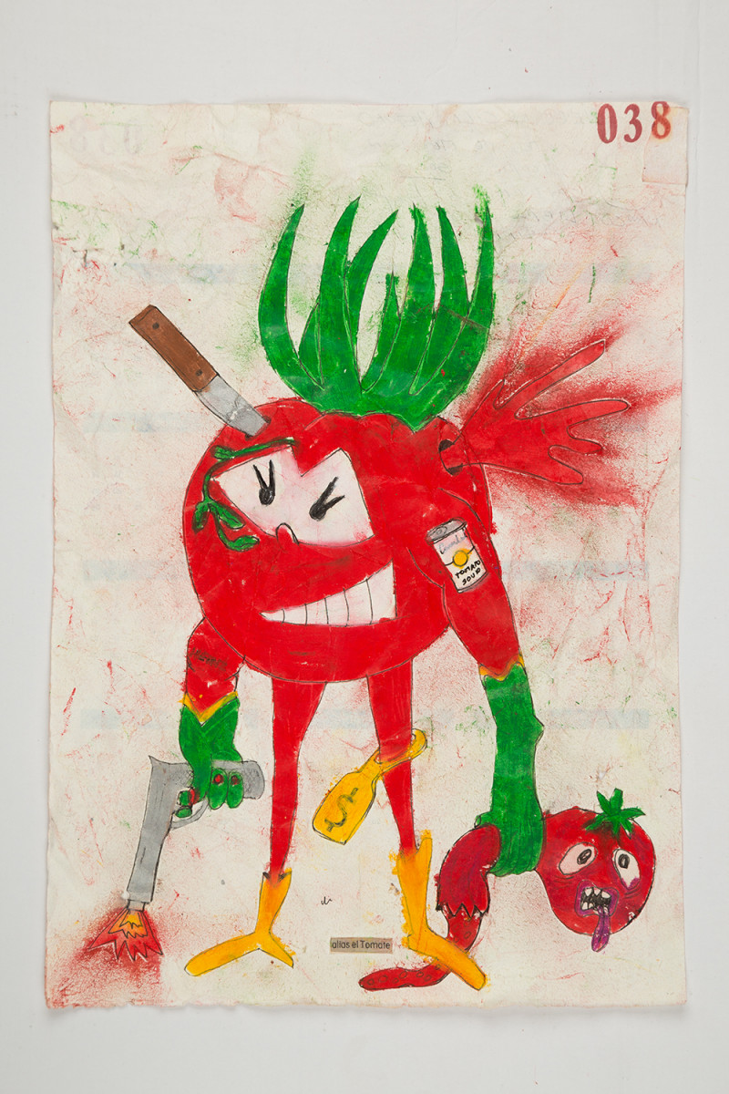 Camilo Restrepo. <em>Tomate</em>, 2021. Water-soluble wax pastel, ink, tape and saliva on paper 11 3/4 x 8 1/4 inches (29.8 x 21 cm)