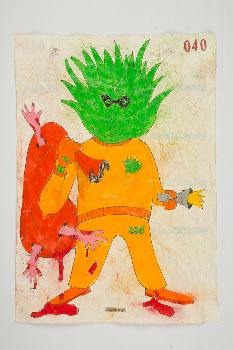 Camilo Restrepo. <em>Cabuyo</em>, 2021. Water-soluble wax pastel, ink, tape and saliva on paper 11 3/4 x 8 1/4 inches (29.8 x 21 cm)