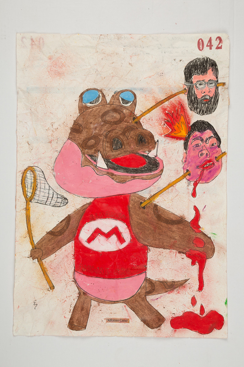 Camilo Restrepo. <em>Alfonso Cano</em>, 2021. Water-soluble wax pastel, ink, tape and saliva on paper 11 3/4 x 8 1/4 inches (29.8 x 21 cm)