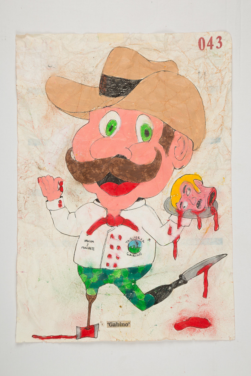 Camilo Restrepo. <em>Gabino</em>, 2021. Water-soluble wax pastel, ink, tape and saliva on paper 11 3/4 x 8 1/4 inches (29.8 x 21 cm)