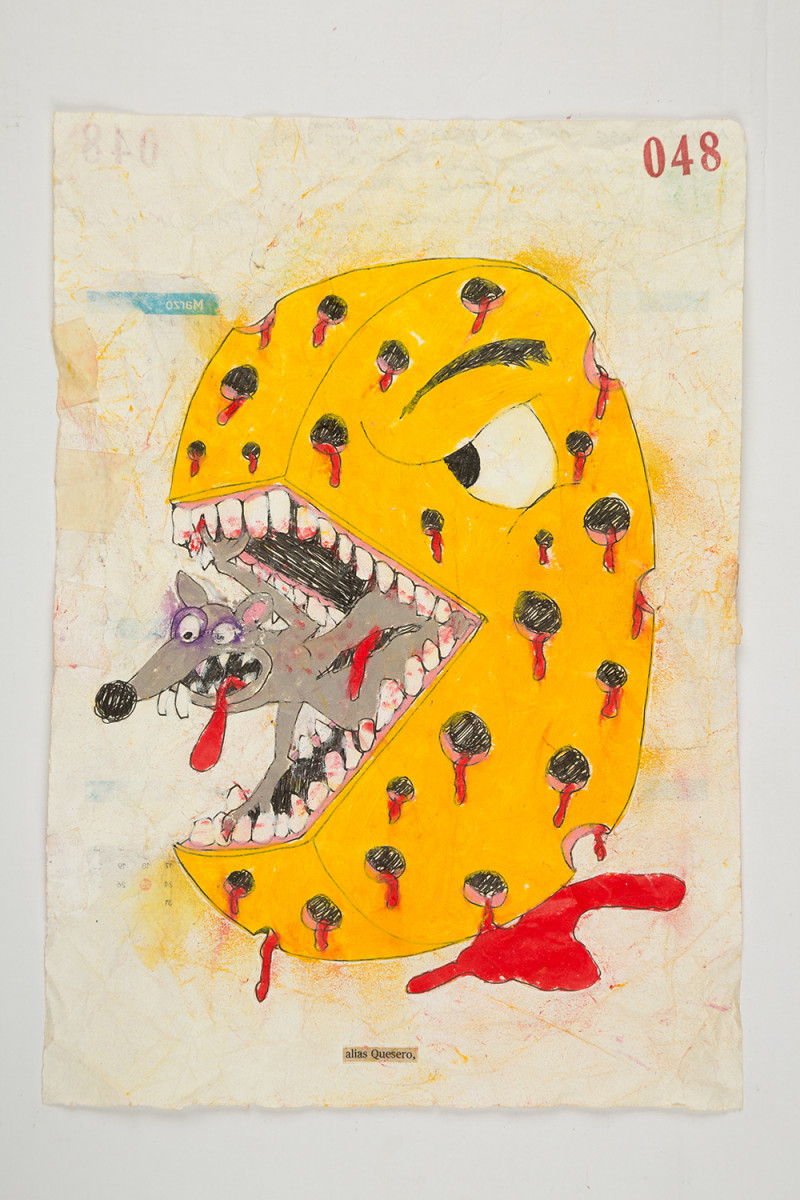 Camilo Restrepo. <em>Quesero</em>, 2021. Water-soluble wax pastel, ink, tape and saliva on paper 11 3/4 x 8 1/4 inches (29.8 x 21 cm)