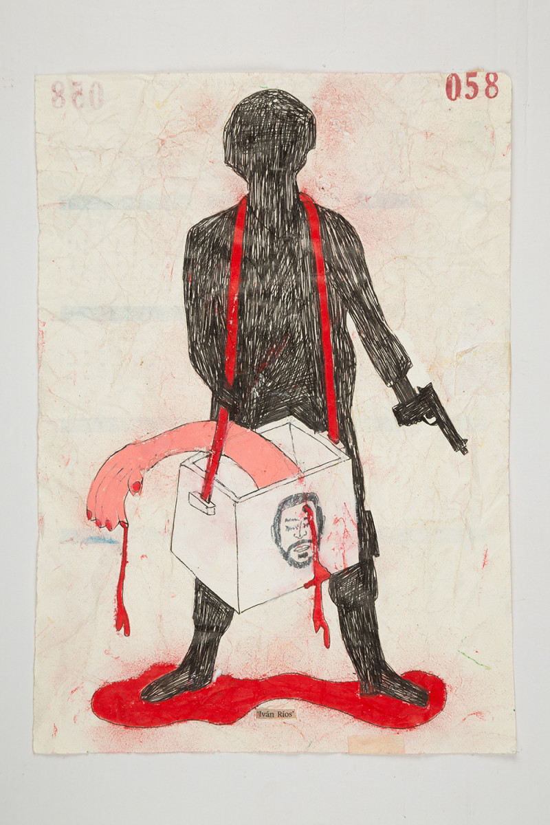 Camilo Restrepo. <em>Ivàn Rios</em>, 2021. Water-soluble wax pastel, ink, tape and saliva on paper 11 3/4 x 8 1/4 inches (29.8 x 21 cm)