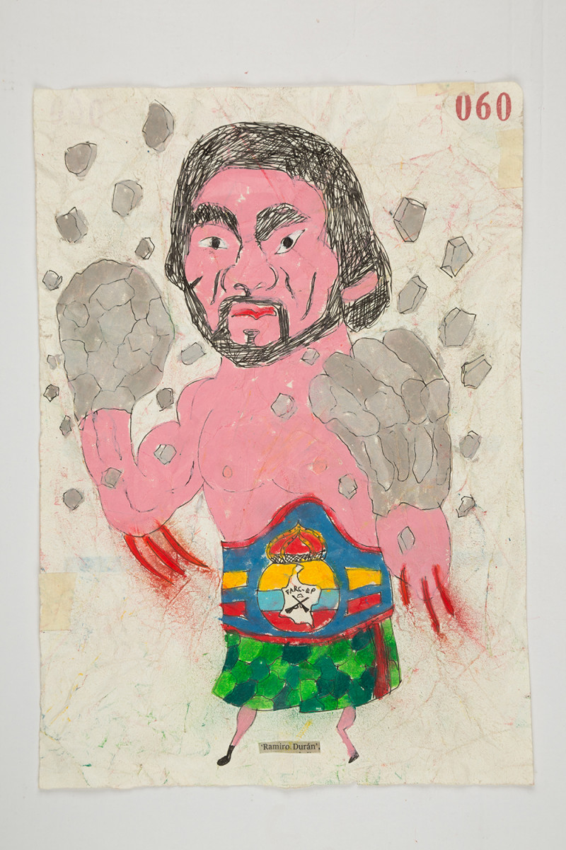 Camilo Restrepo. <em>Ramiro Duràn</em>, 2021. Water-soluble wax pastel, ink, tape and saliva on paper 11 3/4 x 8 1/4 inches (29.8 x 21 cm)
