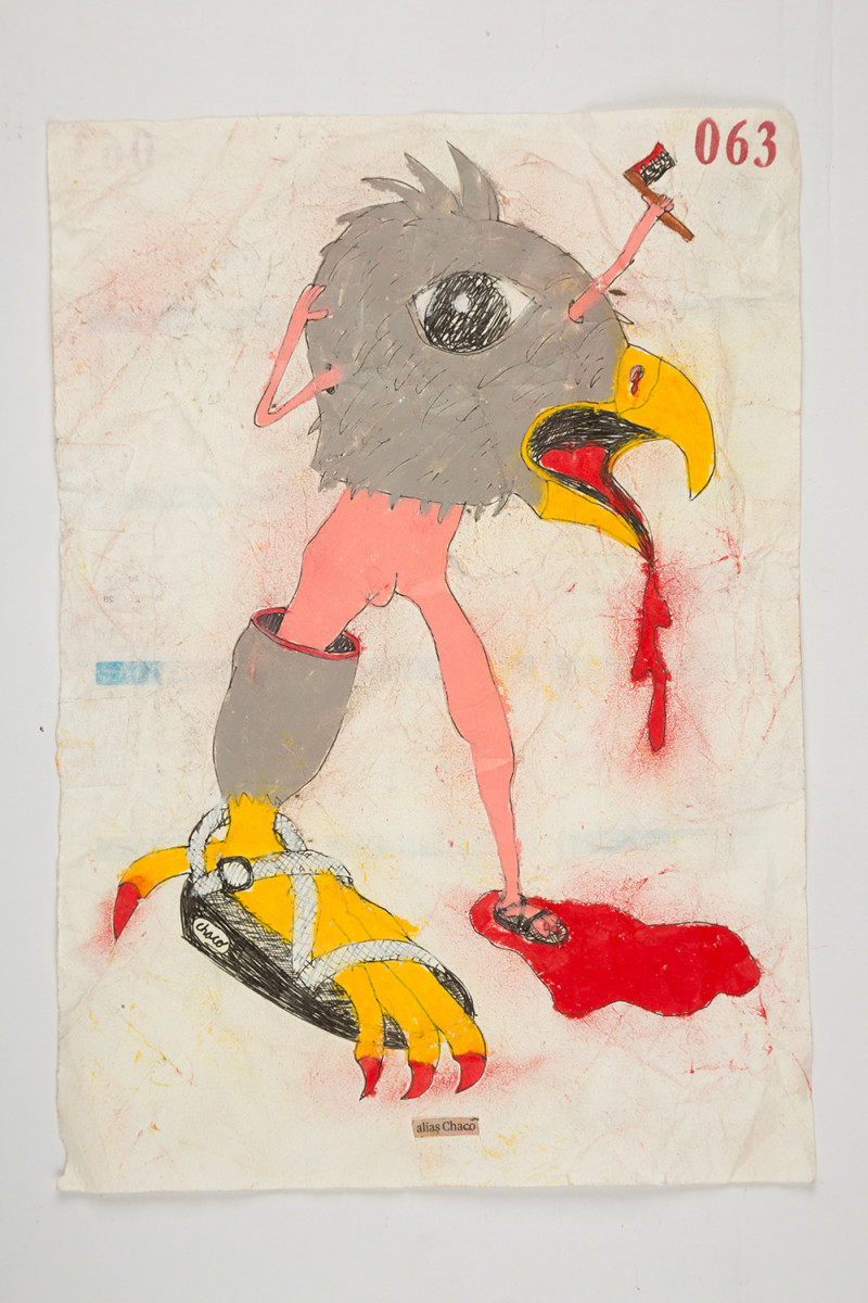 Camilo Restrepo. <em>Chaco</em>, 2021. Water-soluble wax pastel, ink, tape and saliva on paper 11 3/4 x 8 1/4 inches (29.8 x 21 cm)