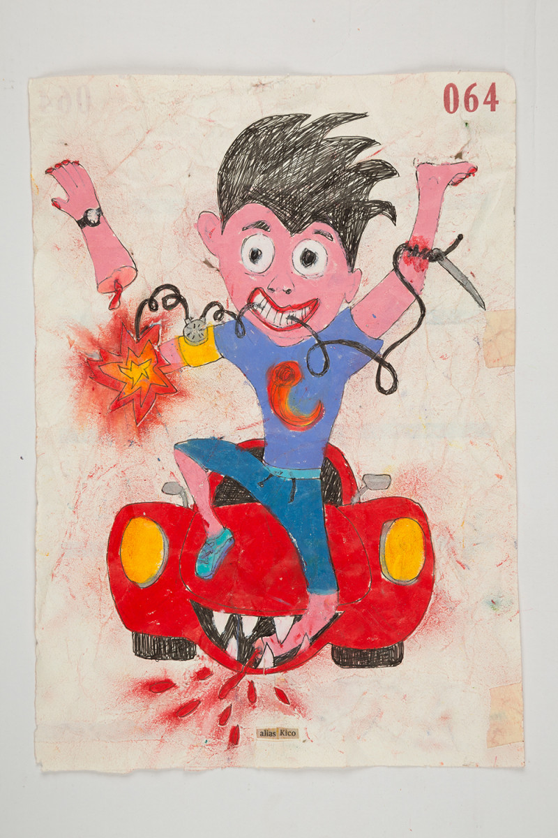 Camilo Restrepo. <em>Kico</em>, 2021. Water-soluble wax pastel, ink, tape and saliva on paper 11 3/4 x 8 1/4 inches (29.8 x 21 cm)