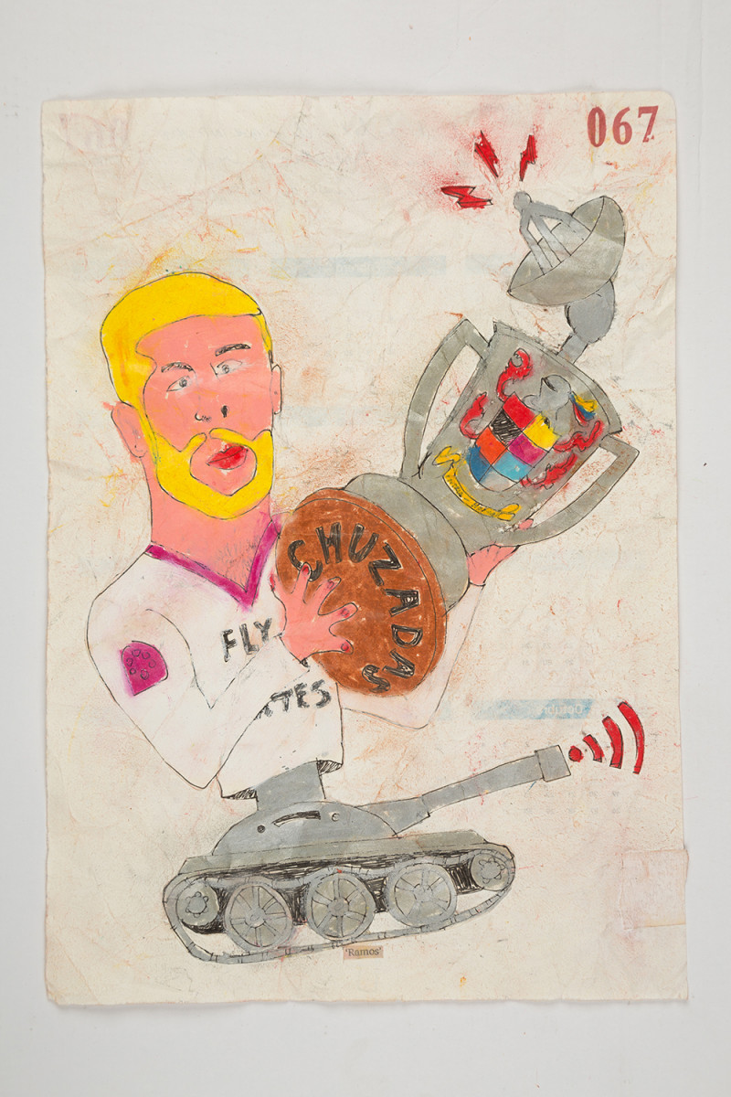 Camilo Restrepo. <em>Ramos</em>, 2021. Water-soluble wax pastel, ink, tape and saliva on paper 11 3/4 x 8 1/4 inches (29.8 x 21 cm)