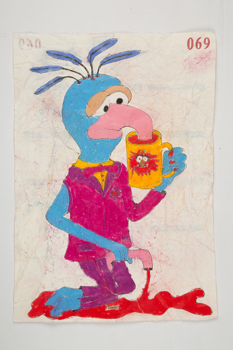 Camilo Restrepo. <em>Gonzo</em>, 2021. Water-soluble wax pastel, ink, tape and saliva on paper 11 3/4 x 8 1/4 inches (29.8 x 21 cm)