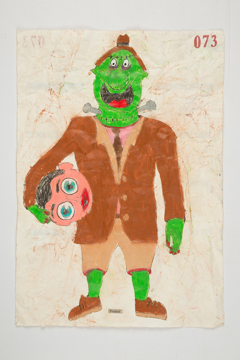 Camilo Restrepo. <em>Franck-Frank</em>, 2021. Water-soluble wax pastel, ink, tape and saliva on paper 11 3/4 x 8 1/4 inches (29.8 x 21 cm)