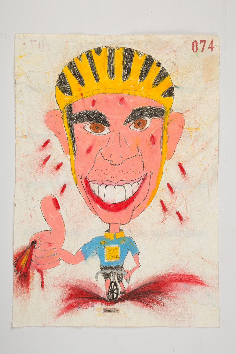 Camilo Restrepo. <em>Contador</em>, 2021. Water-soluble wax pastel, ink, tape and saliva on paper 11 3/4 x 8 1/4 inches (29.8 x 21 cm)