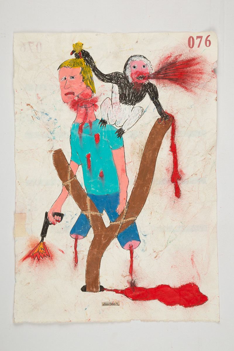 Camilo Restrepo. <em>Don Y</em>, 2021. Water-soluble wax pastel, ink, tape and saliva on paper 11 3/4 x 8 1/4 inches (29.8 x 21 cm)
