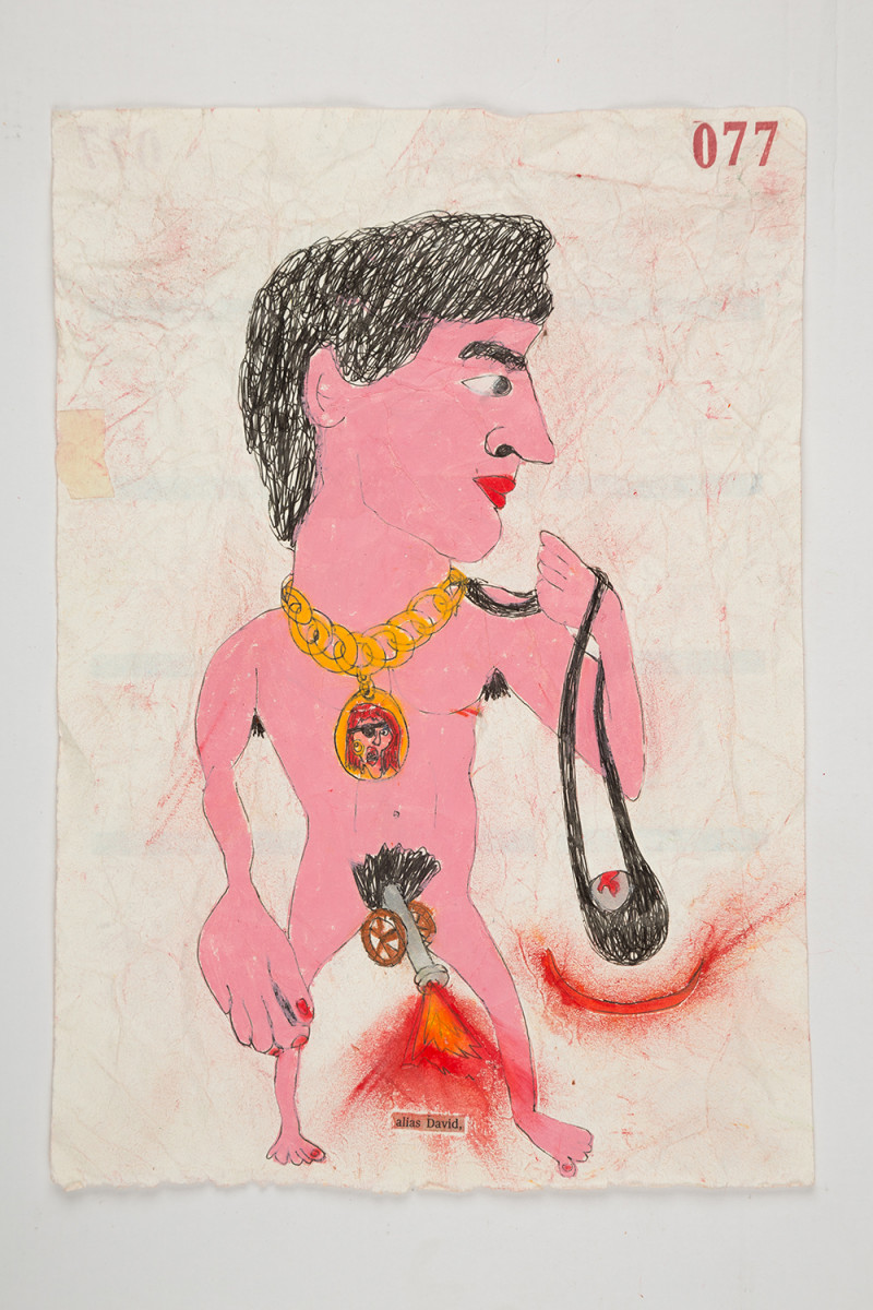 Camilo Restrepo. <em>David</em>, 2021. Water-soluble wax pastel, ink, tape and saliva on paper 11 3/4 x 8 1/4 inches (29.8 x 21 cm)