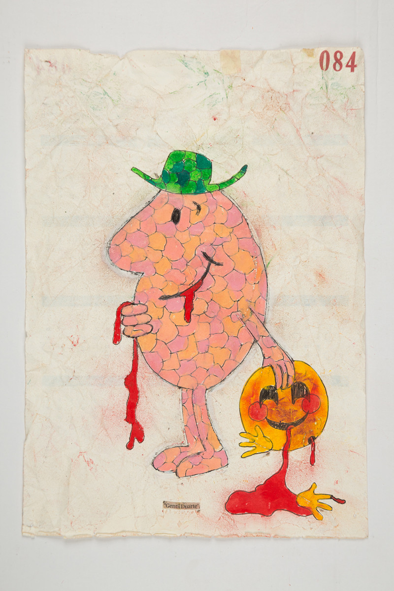 Camilo Restrepo. <em>Gentil Duarte</em>, 2021. Water-soluble wax pastel, ink, tape and saliva on paper 11 3/4 x 8 1/4 inches (29.8 x 21 cm)