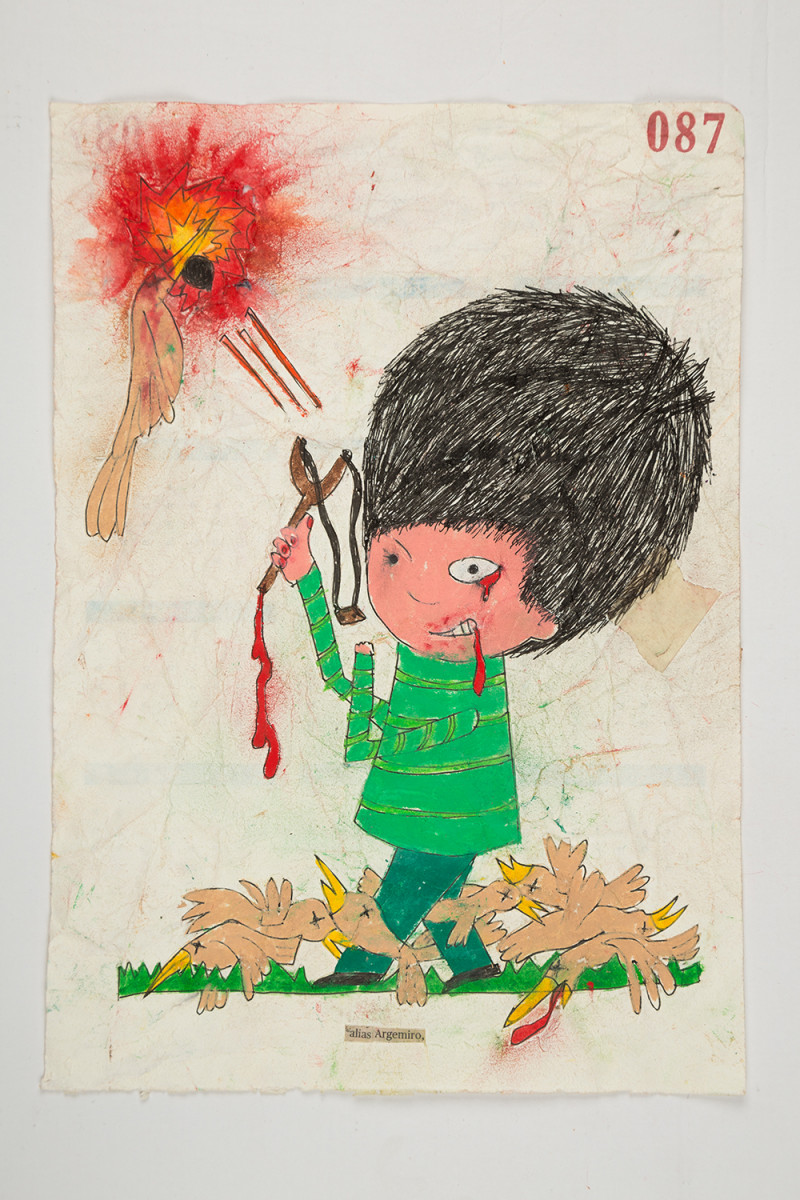 Camilo Restrepo. <em>Argemiro</em>, 2021. Water-soluble wax pastel, ink, tape and saliva on paper 11 3/4 x 8 1/4 inches (29.8 x 21 cm)