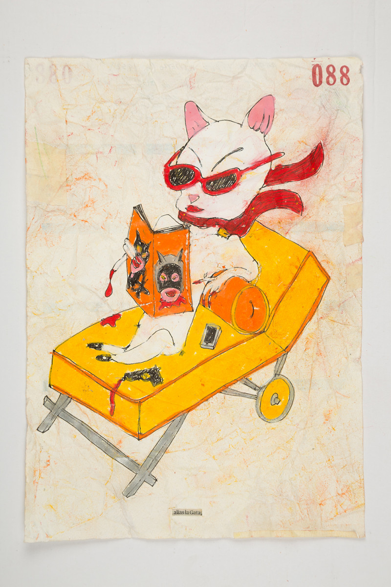 Camilo Restrepo. <em>Gata</em>, 2021. Water-soluble wax pastel, ink, tape and saliva on paper 11 3/4 x 8 1/4 inches (29.8 x 21 cm)