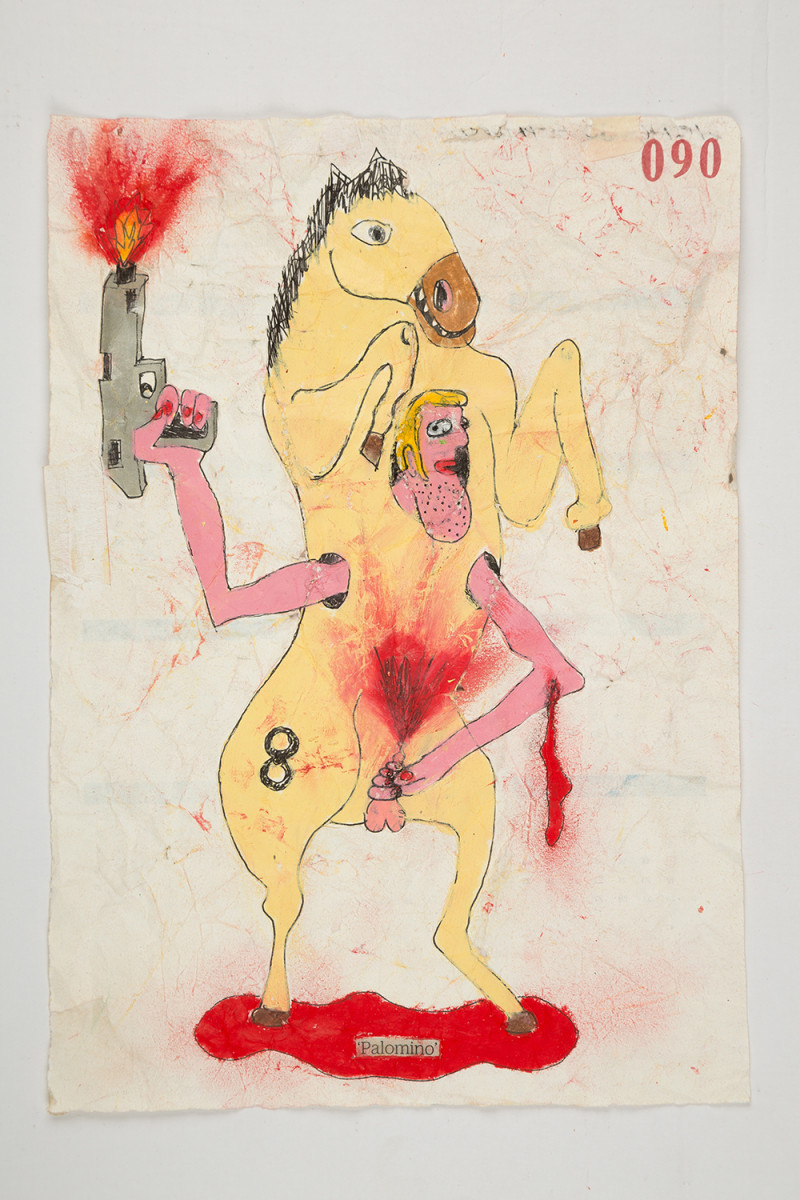 Camilo Restrepo. <em>Palomino</em>, 2021. Water-soluble wax pastel, ink, tape and saliva on paper 11 3/4 x 8 1/4 inches (29.8 x 21 cm)