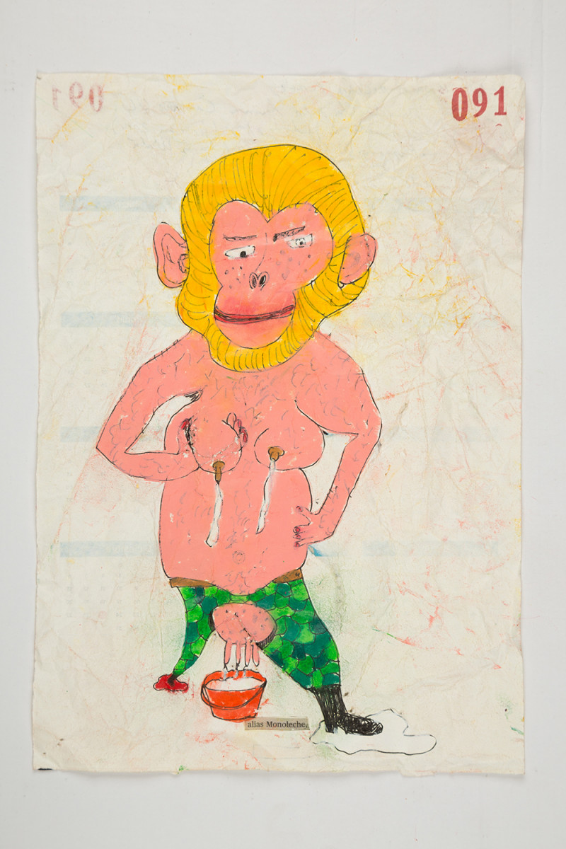 Camilo Restrepo. <em>Monoleche</em>, 2021. Water-soluble wax pastel, ink, tape and saliva on paper 11 3/4 x 8 1/4 inches (29.8 x 21 cm)