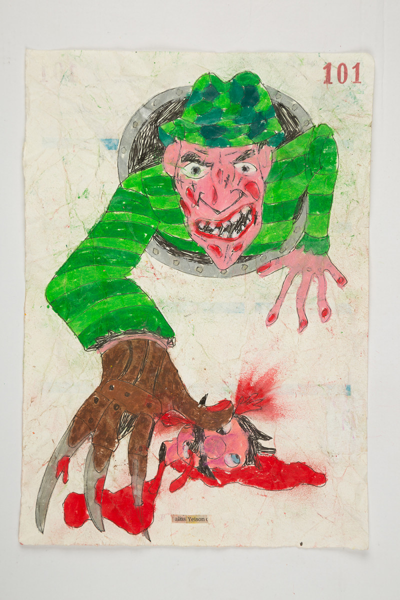 Camilo Restrepo. <em>Yeison</em>, 2021. Water-soluble wax pastel, ink, tape and saliva on paper 11 3/4 x 8 1/4 inches (29.8 x 21 cm)