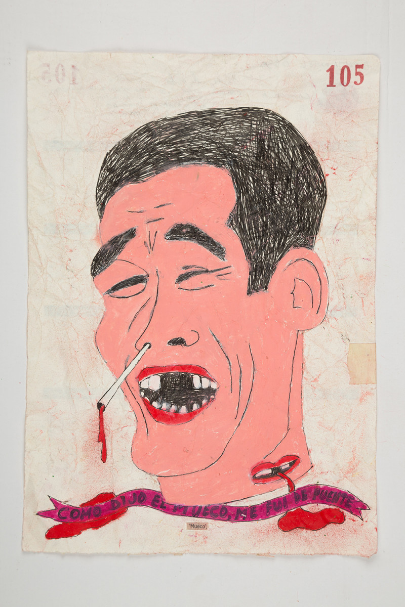 Camilo Restrepo. <em>Mueco</em>, 2021. Water-soluble wax pastel, ink, tape and saliva on paper 11 3/4 x 8 1/4 inches (29.8 x 21 cm)
