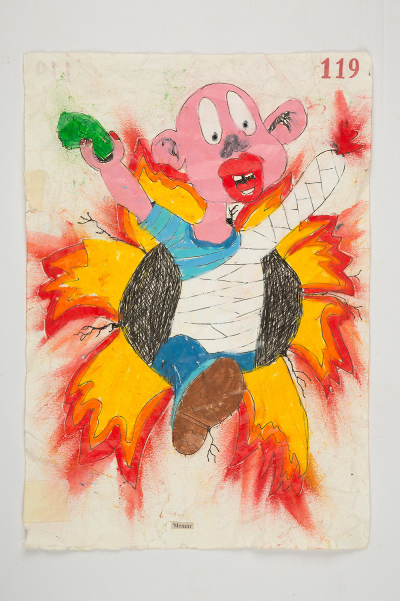 Camilo Restrepo. <em>Memìn</em>, 2021. Water-soluble wax pastel, ink, tape and saliva on paper 11 3/4 x 8 1/4 inches (29.8 x 21 cm)