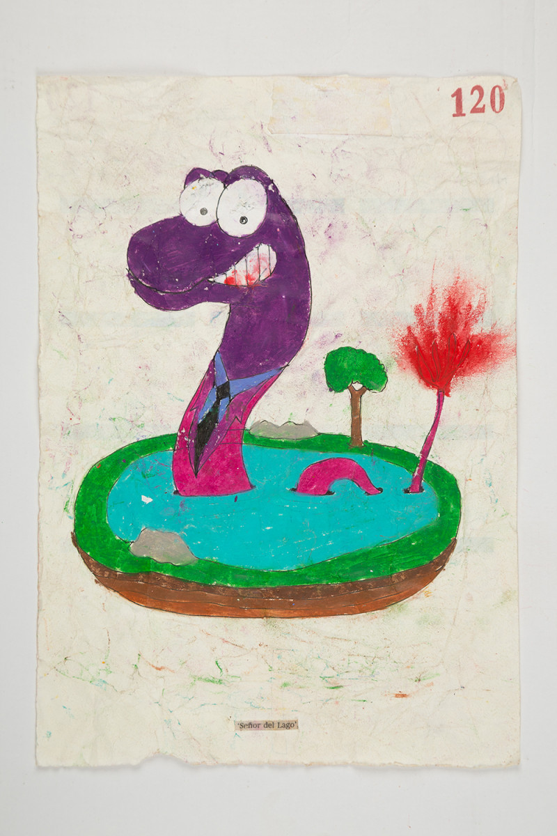 Camilo Restrepo. <em>Señor del Lago</em>, 2021. Water-soluble wax pastel, ink, tape and saliva on paper 11 3/4 x 8 1/4 inches (29.8 x 21 cm)
