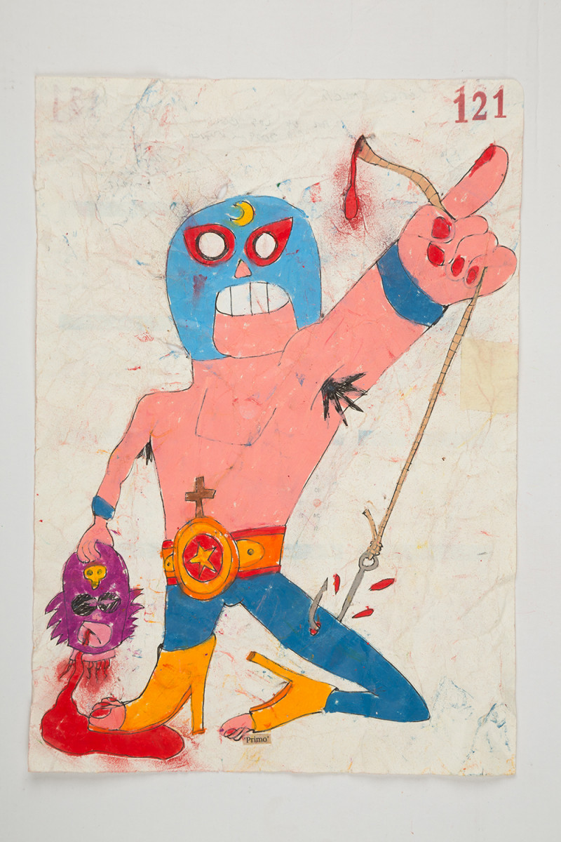 Camilo Restrepo. <em>Primo</em>, 2021. Water-soluble wax pastel, ink, tape and saliva on paper 11 3/4 x 8 1/4 inches (29.8 x 21 cm)