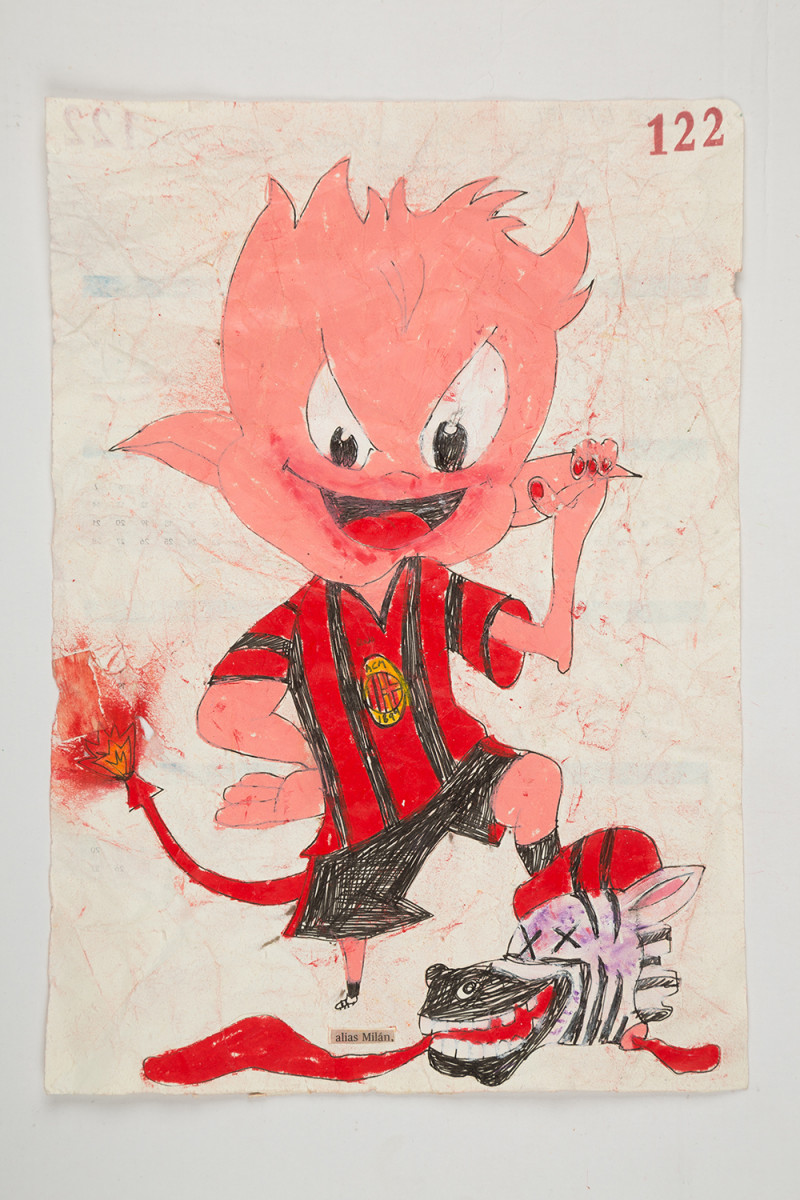 Camilo Restrepo. <em>Milàn</em>, 2021. Water-soluble wax pastel, ink, tape and saliva on paper 11 3/4 x 8 1/4 inches (29.8 x 21 cm)