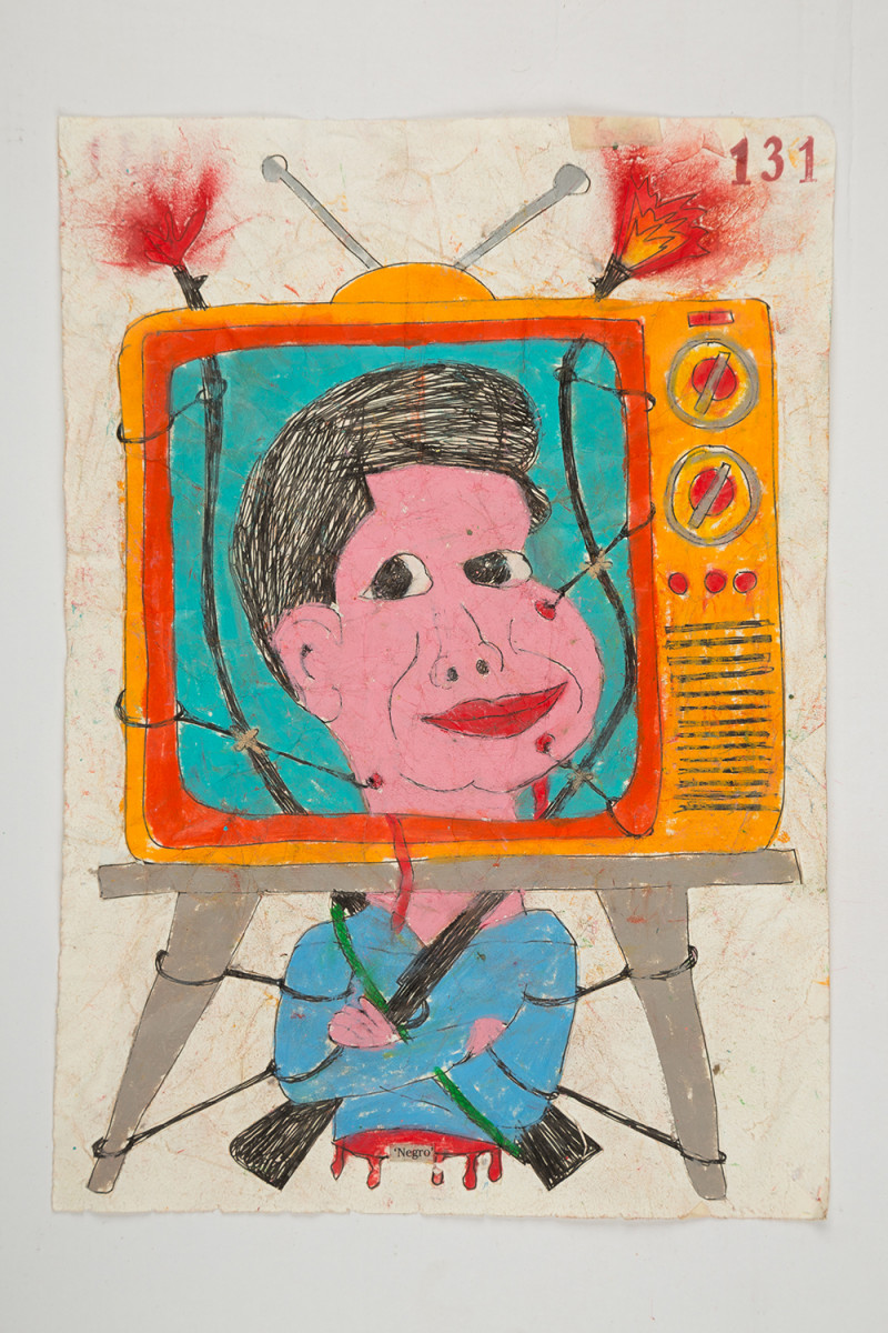 Camilo Restrepo. <em>Negro</em>, 2021. Water-soluble wax pastel, ink, tape and saliva on paper 11 3/4 x 8 1/4 inches (29.8 x 21 cm)