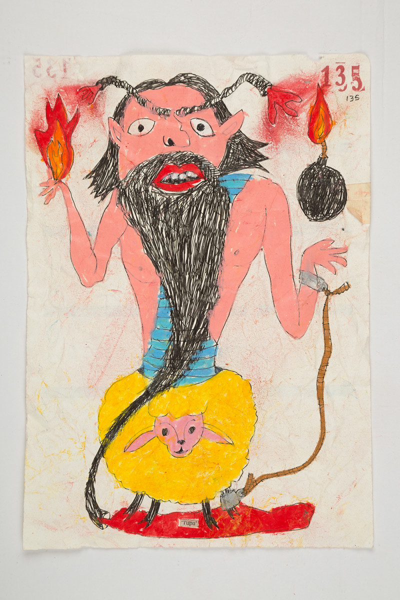 Camilo Restrepo. <em>Tupa</em>, 2021. Water-soluble wax pastel, ink, tape and saliva on paper 11 3/4 x 8 1/4 inches (29.8 x 21 cm)
