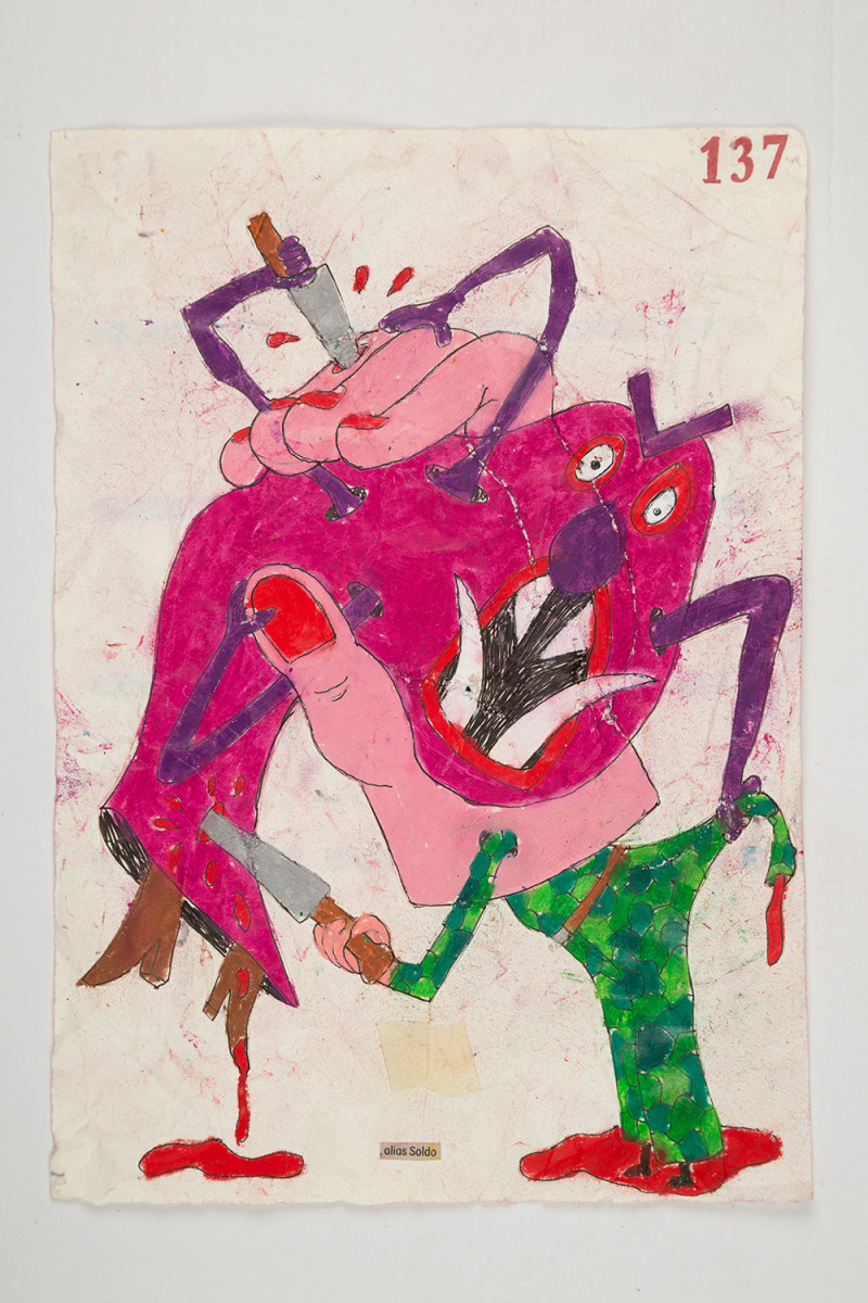 Camilo Restrepo. <em>Soldo</em>, 2021. Water-soluble wax pastel, ink, tape and saliva on paper 11 3/4 x 8 1/4 inches (29.8 x 21 cm)