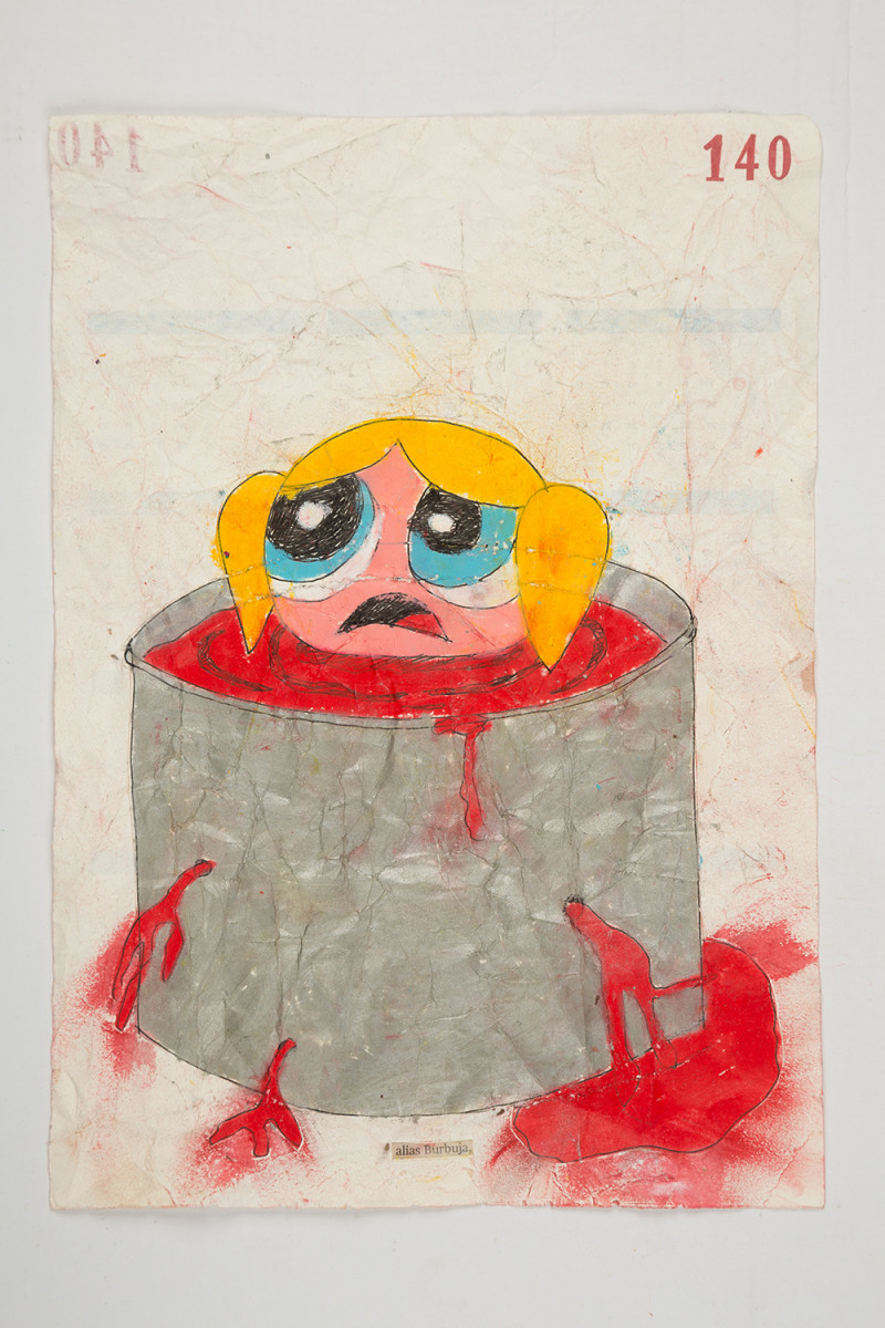 Camilo Restrepo. <em>Burbuja</em>, 2021. Water-soluble wax pastel, ink, tape and saliva on paper 11 3/4 x 8 1/4 inches (29.8 x 21 cm)