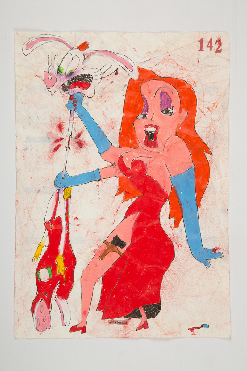 Camilo Restrepo. <em>Jessica</em>, 2021. Water-soluble wax pastel, ink, tape and saliva on paper 11 3/4 x 8 1/4 inches (29.8 x 21 cm)
