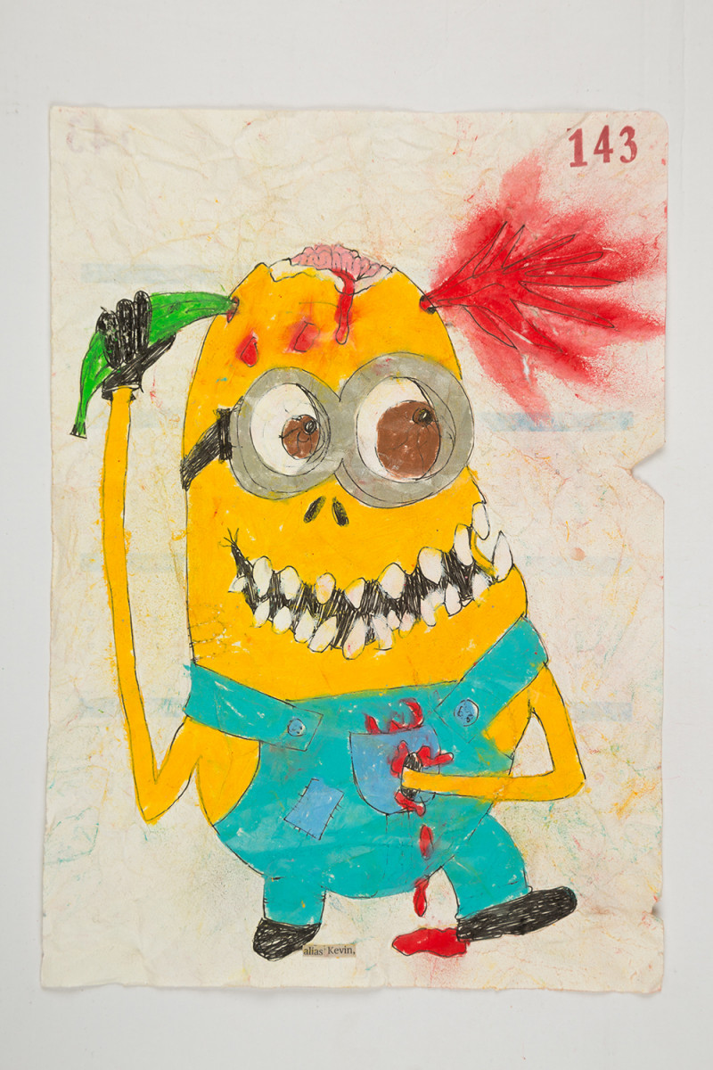 Camilo Restrepo. <em>Kevin</em>, 2021. Water-soluble wax pastel, ink, tape and saliva on paper 11 3/4 x 8 1/4 inches (29.8 x 21 cm)