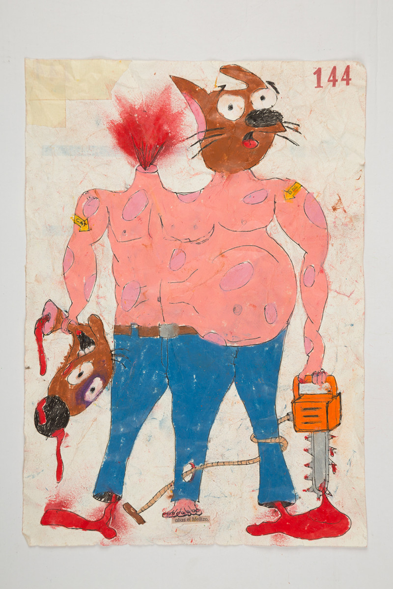 Camilo Restrepo. <em>Mellizo</em>, 2021. Water-soluble wax pastel, ink, tape and saliva on paper 11 3/4 x 8 1/4 inches (29.8 x 21 cm)