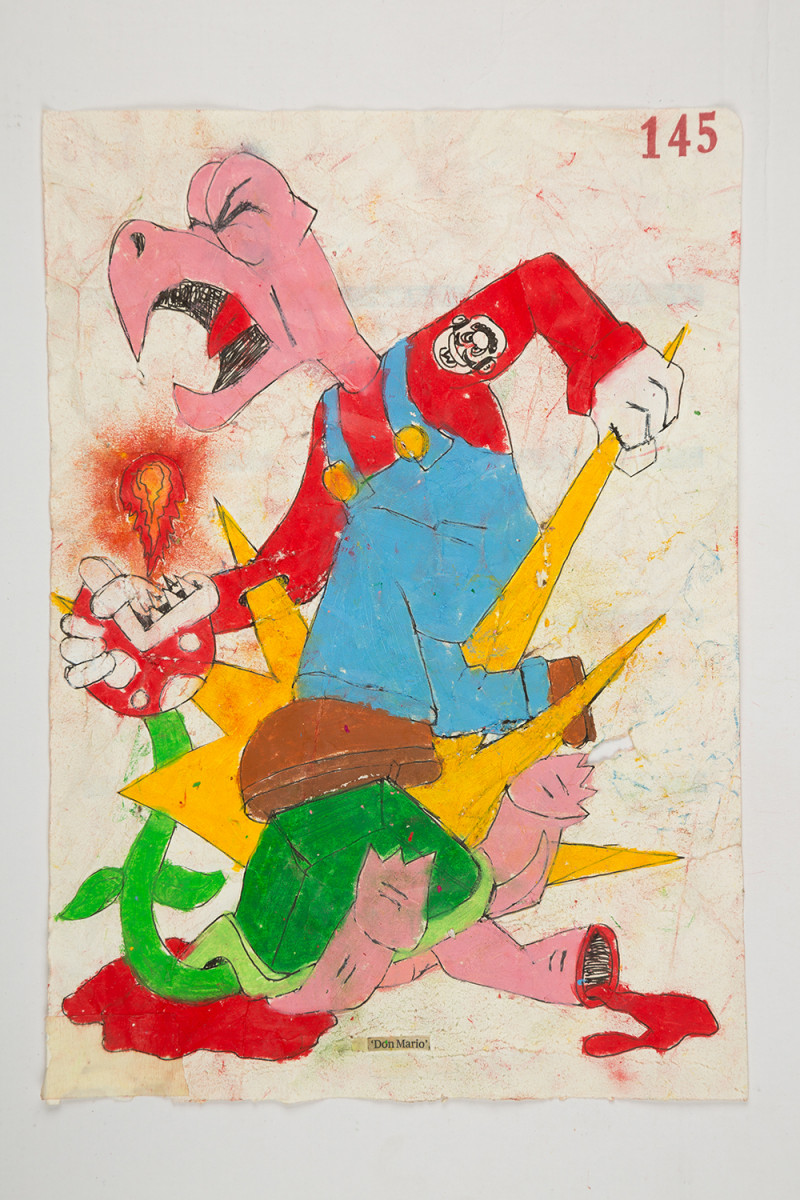 Camilo Restrepo. <em>Don Mario</em>, 2021. Water-soluble wax pastel, ink, tape and saliva on paper 11 3/4 x 8 1/4 inches (29.8 x 21 cm)