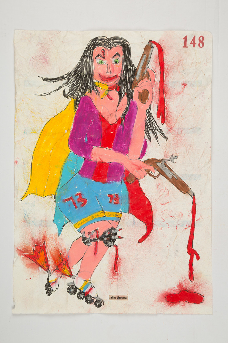 Camilo Restrepo. <em>Jhoana</em>, 2021. Water-soluble wax pastel, ink, tape and saliva on paper 11 3/4 x 8 1/4 inches (29.8 x 21 cm)